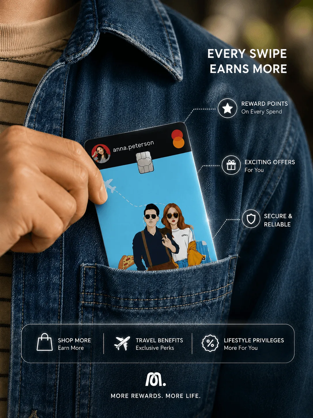 InstaMonyo rewards card in a denim pocket with reward benefits